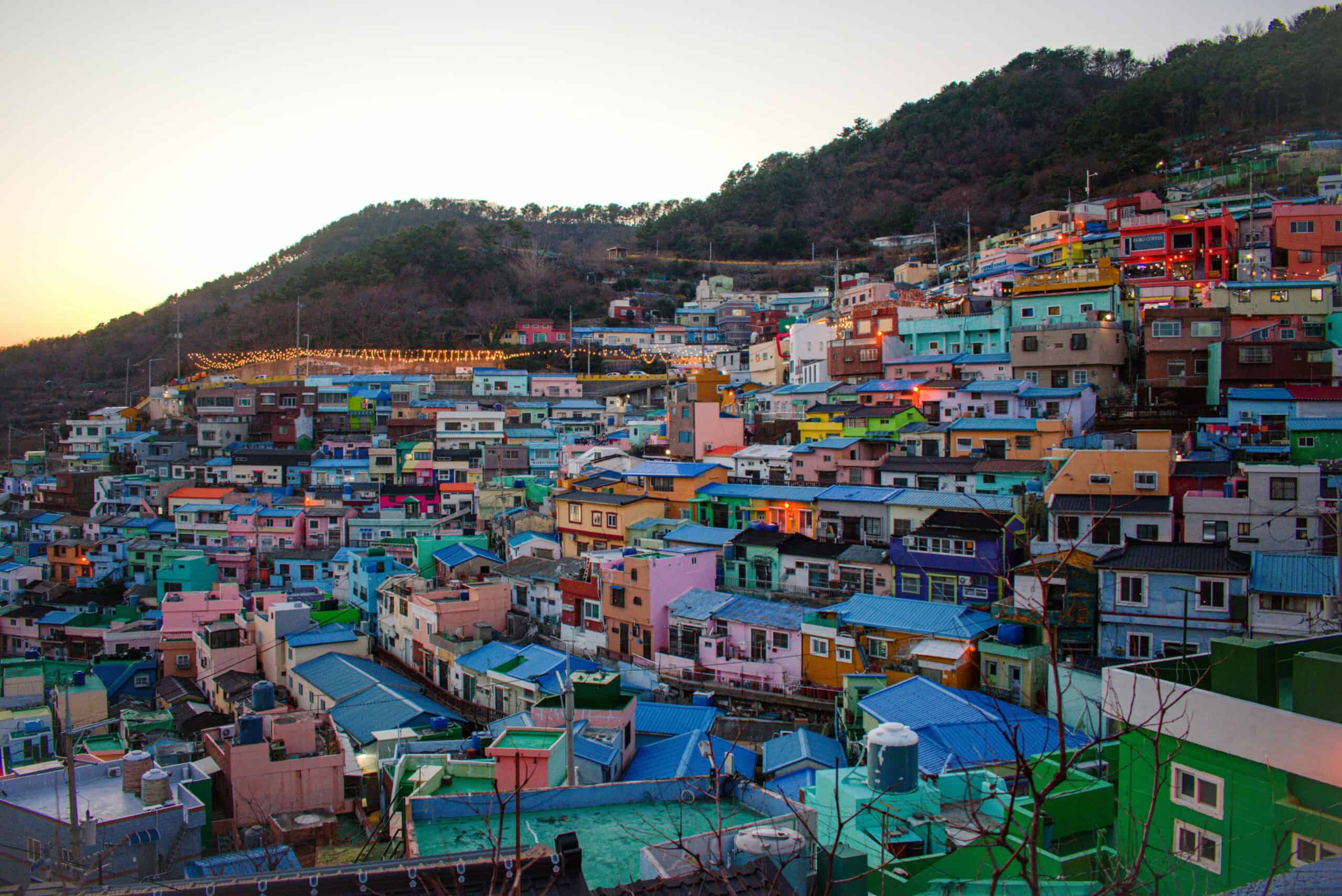 Vibrant hillside neighborhood with colorful houses in Seoul, South Korea, showcasing urban charm and.