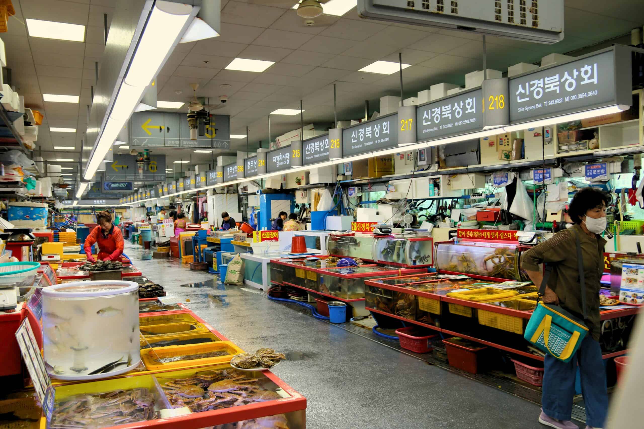 Indoor seafood market in Seoul with fresh fish and shellfish displays.