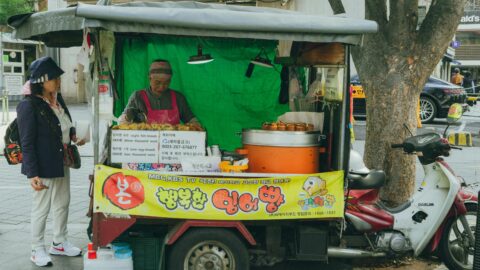 Street food cart in Seoul, Korea, serving popular local snacks and quick meals.