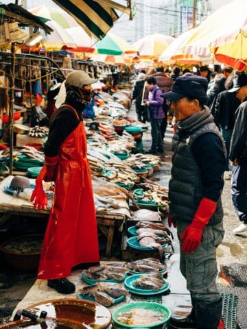 Seafood market in Seoul with fresh fish and shellfish displays.